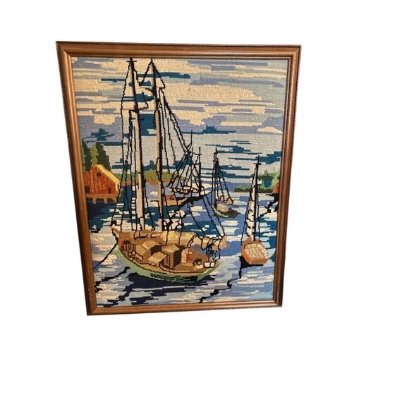 Columbia Minerva 1970s 2475 needlepoint sailboat scene vintage 18 x 24 - Picture 5 of 7